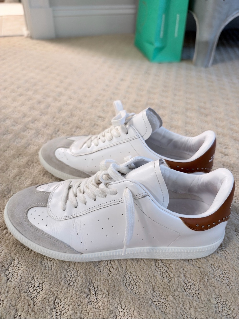 Isabel Marant White Leather Suede Sneakers Cognac Studded